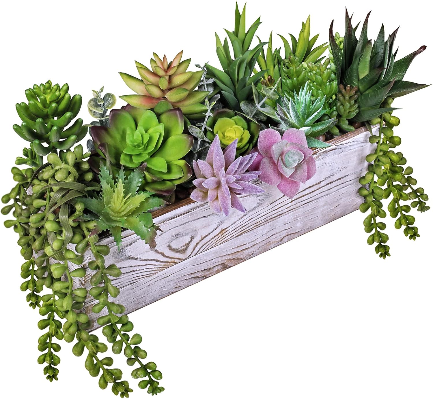 Assorted Artificial Succulents in Rectangular Wooden Pot Succulents Garden in Wood / Set of 19