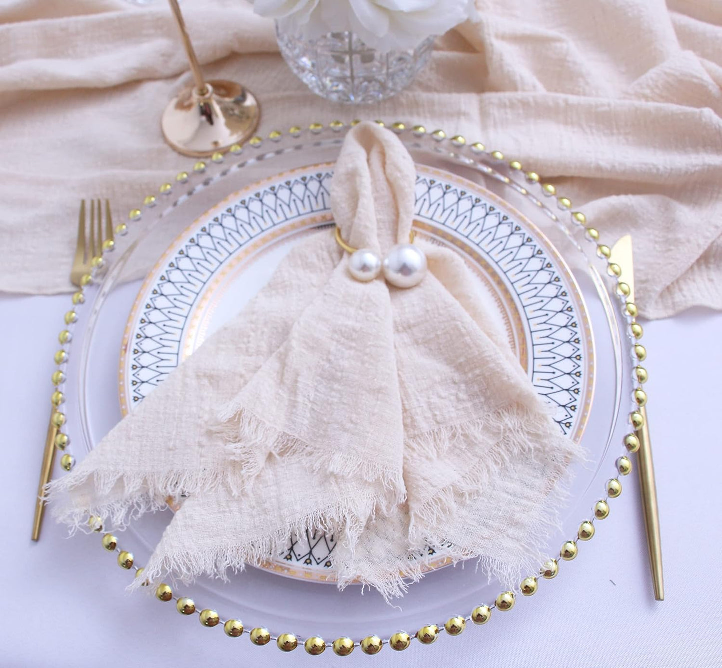 Fall Cloth Napkins with Fringe Set of 12, Soft Cotton, 16 x 16 Inch, Beige | Boho Rustic Dinner Napkins, Reusable