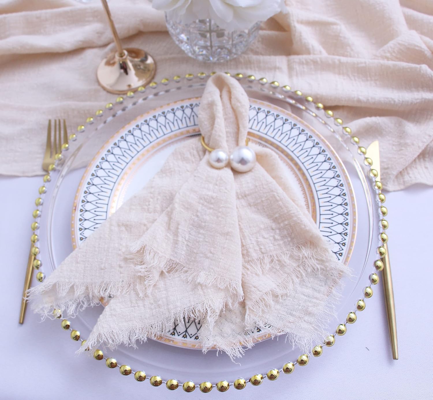Fall Cloth Napkins with Fringe Set of 12, Soft Cotton, 16 x 16 Inch, Beige | Boho Rustic Dinner Napkins, Reusable