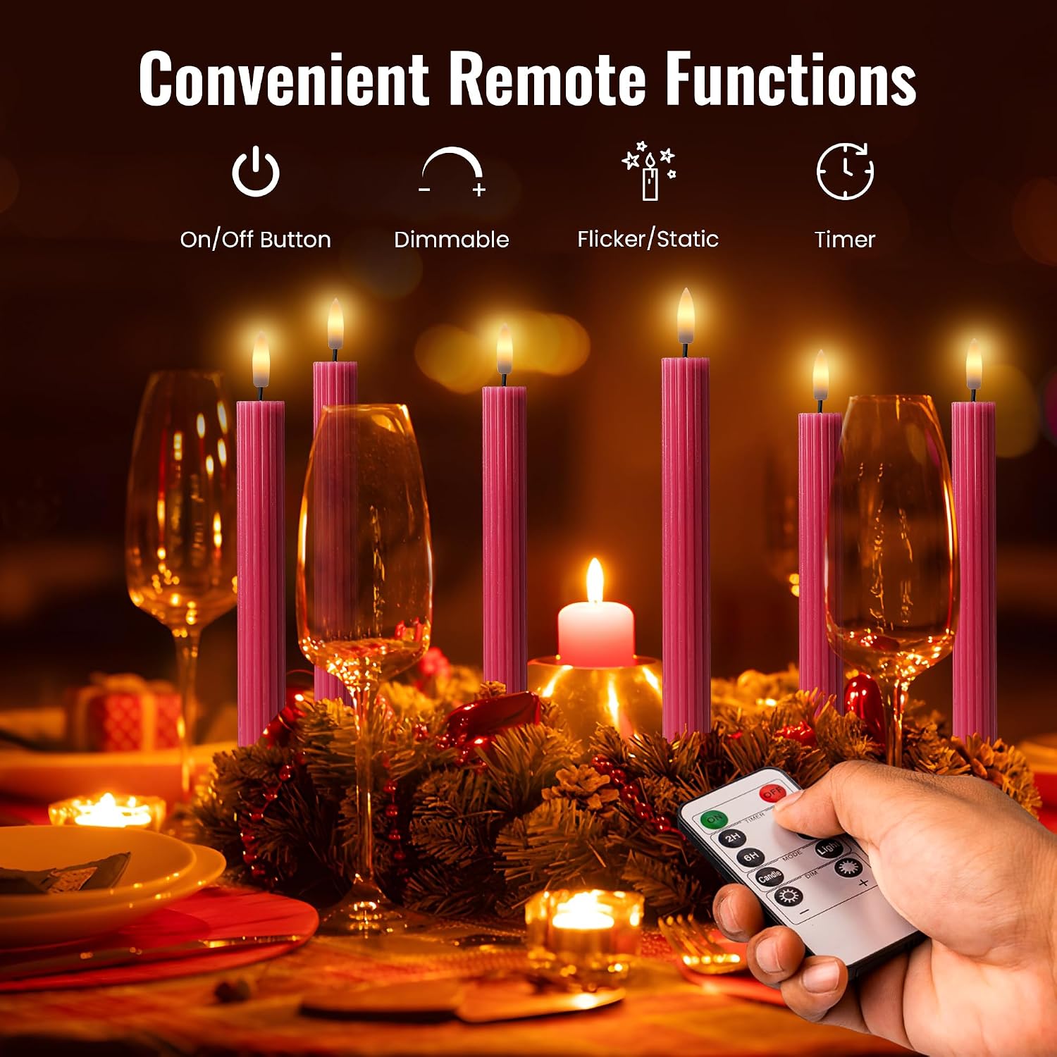 10" Fluted LED Pink Grooved Pillar Candles with 2 Remotes & 24h Timer Memory, On/Off Switch - Flameless Dimmable