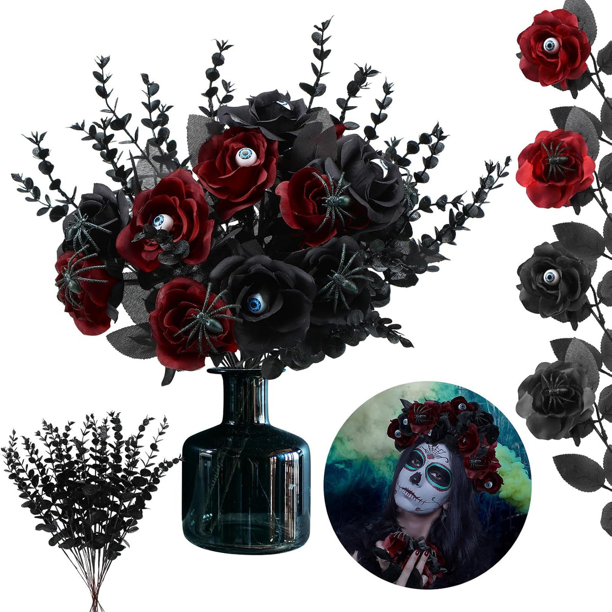 Hotop 40 Pcs Halloween Artificial Flowers with Eyeball and Spider
