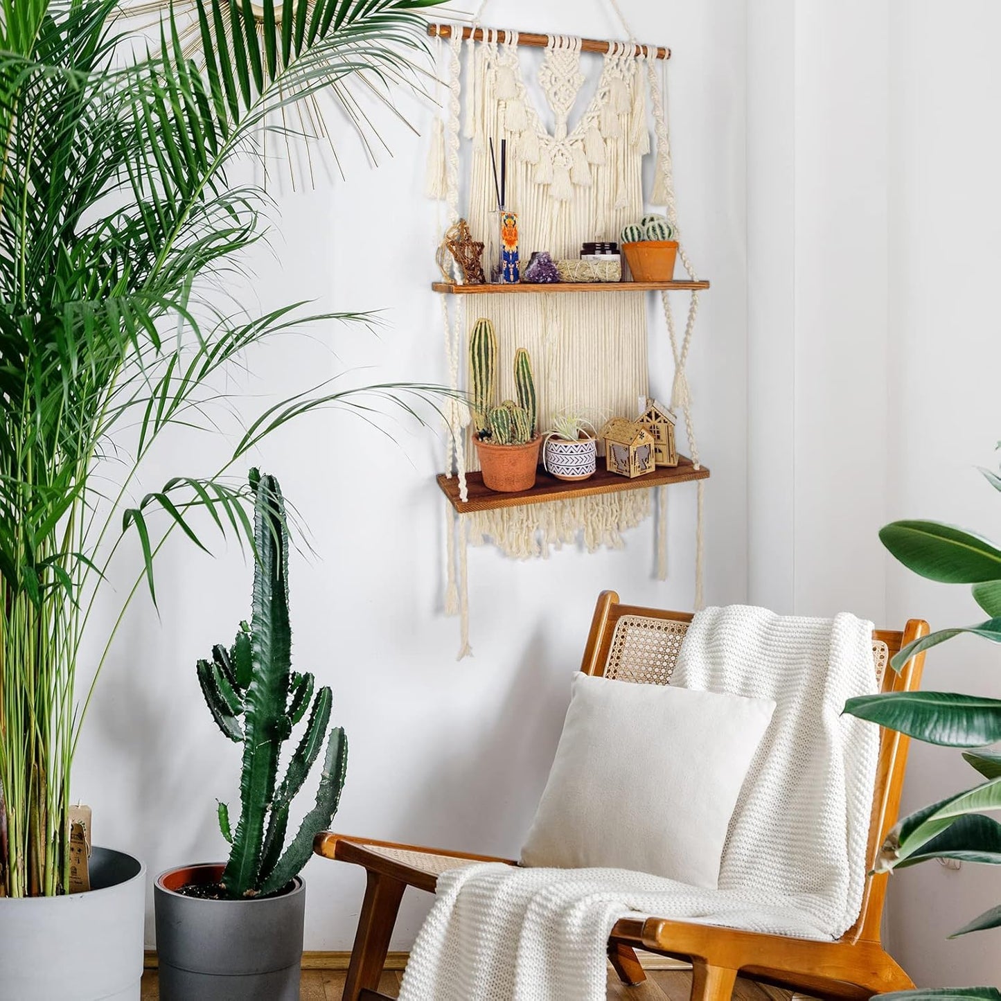 Handmade Bohemian Wooden Woven Plant Floating Shelves Decor / Large