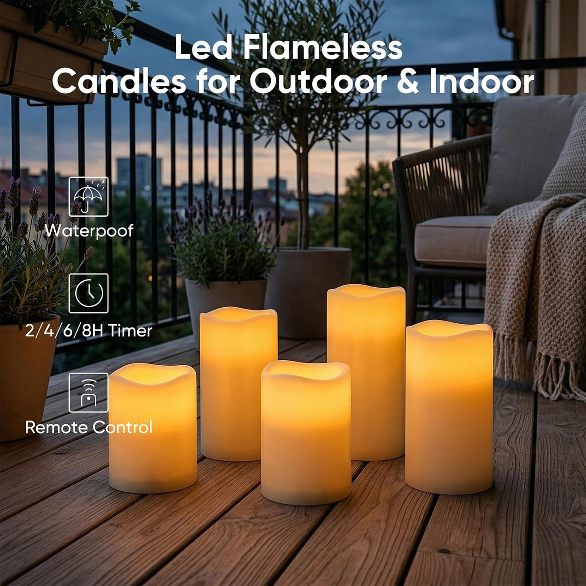 5plots Outdoor Waterproof Flameless Candles, LED Pillars Set of 9 Ivory | Ivory candles in 3"x4"5"6" sizes, battery