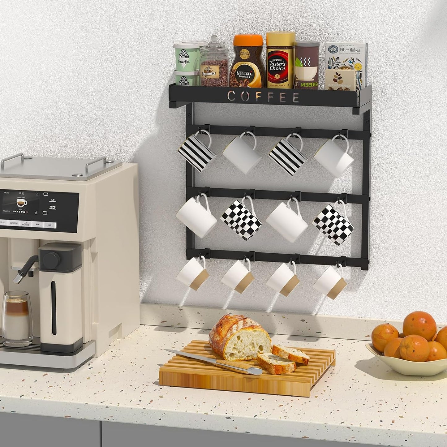 Coffee Mug Holder Wall Mounted with 12 Movable Hooks | Sturdy Metal Coffee Cup Holder with Large Top Shelf for Mug