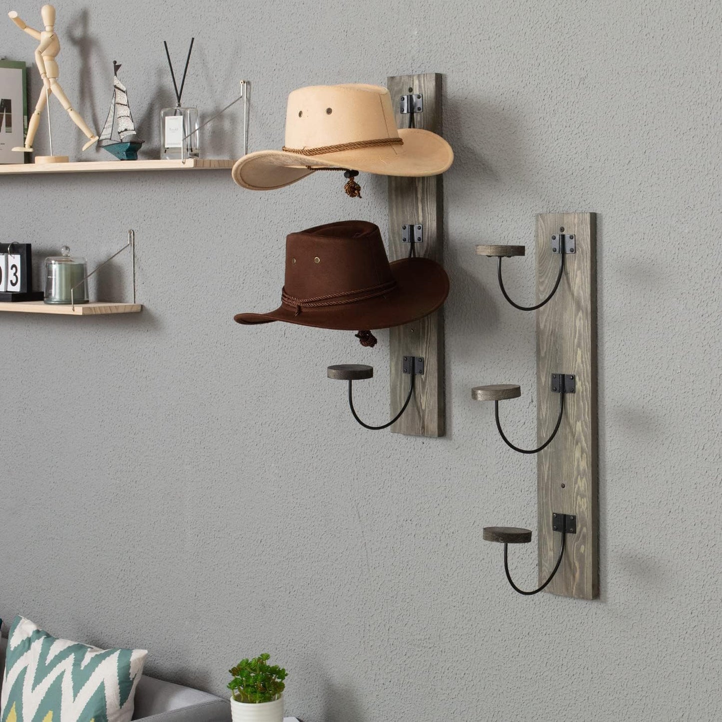 MyGift 2 Pcs Hat Rack Wall Mount, Cowboy Hat Organizer Holder, Coat, Cap Clothes Hanger with Metal Wire and Wood Hooks