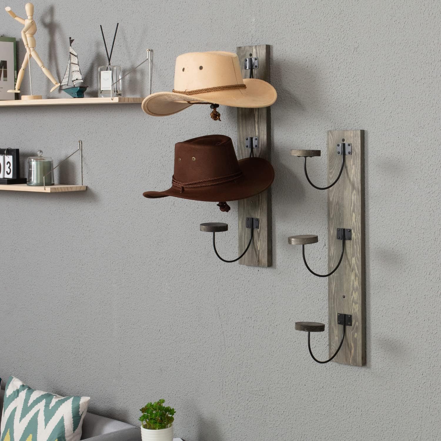 MyGift 2 Pcs Hat Rack Wall Mount, Cowboy Hat Organizer Holder, Coat, Cap Clothes Hanger with Metal Wire and Wood Hooks
