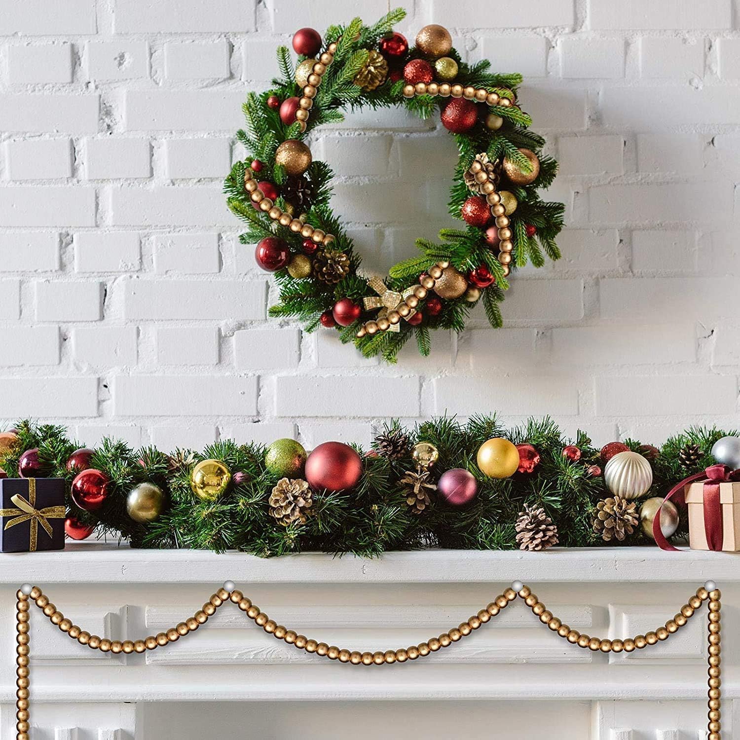 Christmas Wooden Bead Garland Wood Bead Garland Christmas Tree Decorations for Xmas Holiday / Gold