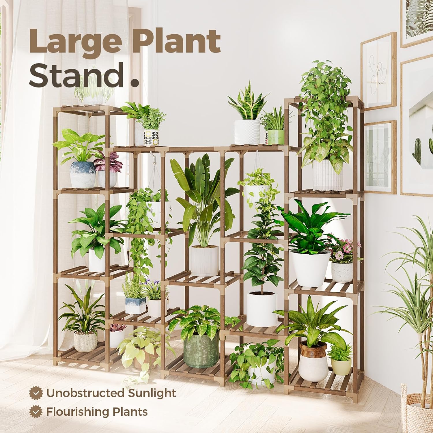 Bamworld Large Hanging Plant Stand Indoor Tall Plant Shelf Outdoor 14 Pots | Large Plant Rack for Living Room Patio