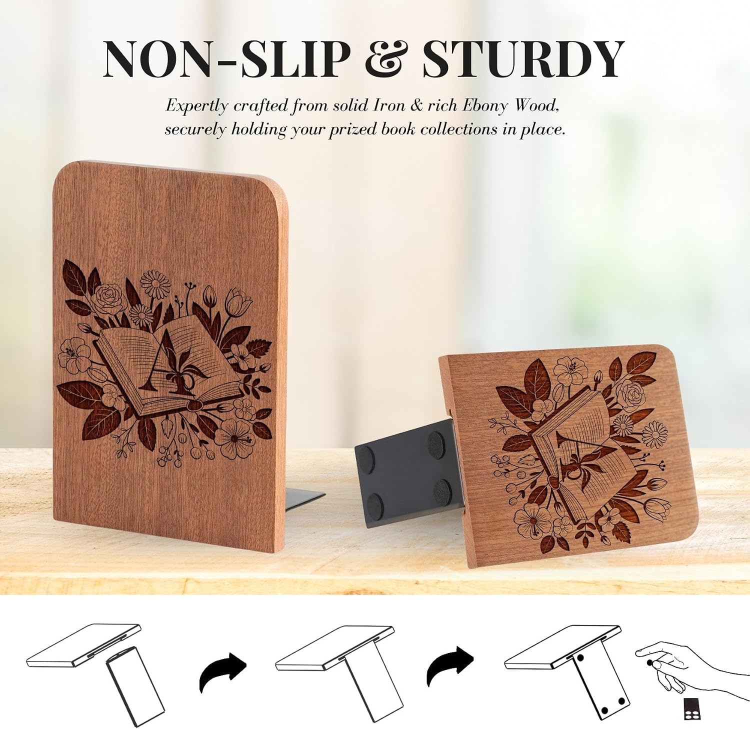 Wood Bookends / Heavy Duty Iron & Ebony Wood Book Ends / A