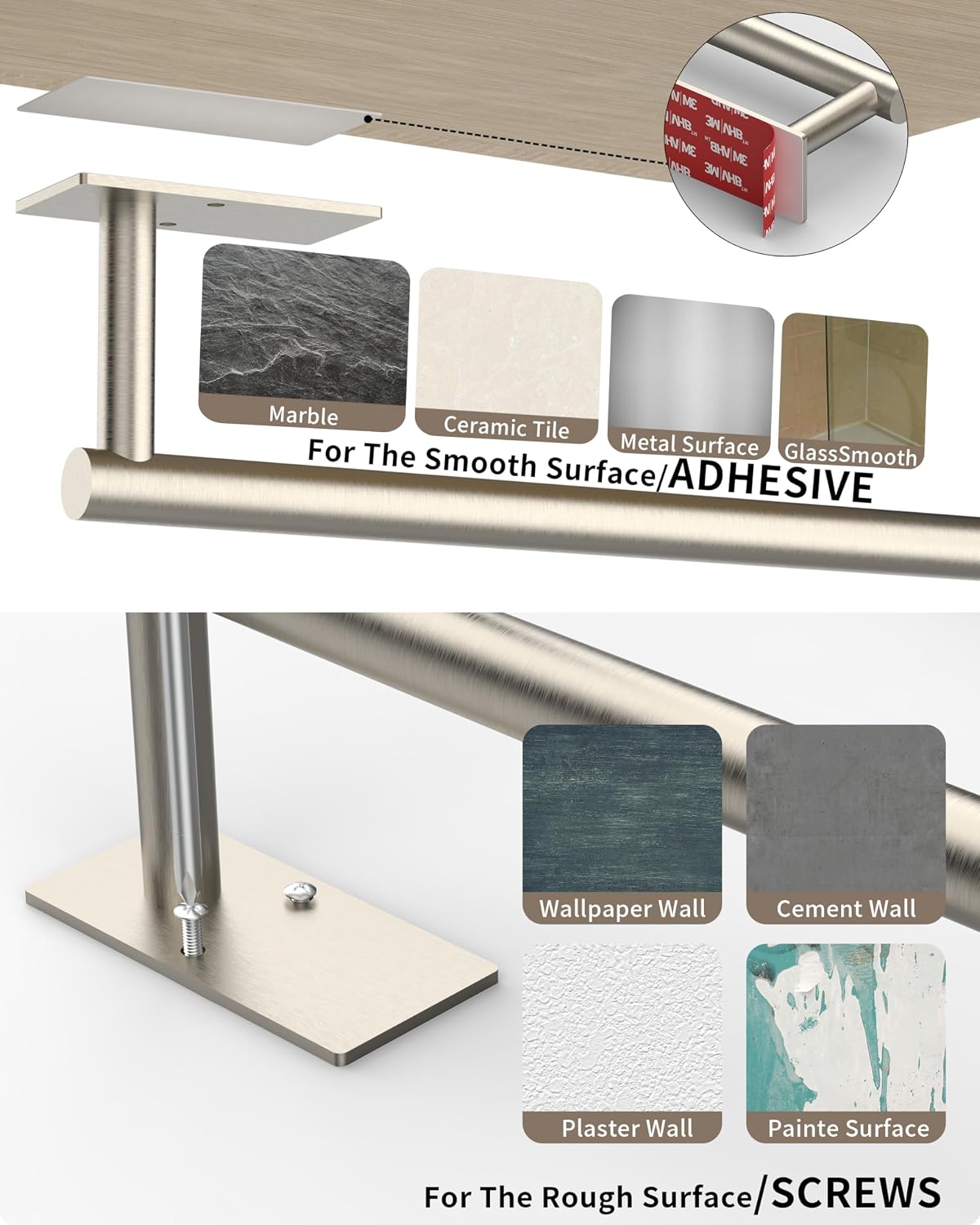 Paper Towel Holder Under Cabinet with 2Hooks Self Adhesive Silver | Brushed Nickel 304 Stainless Steel Post Pivoting