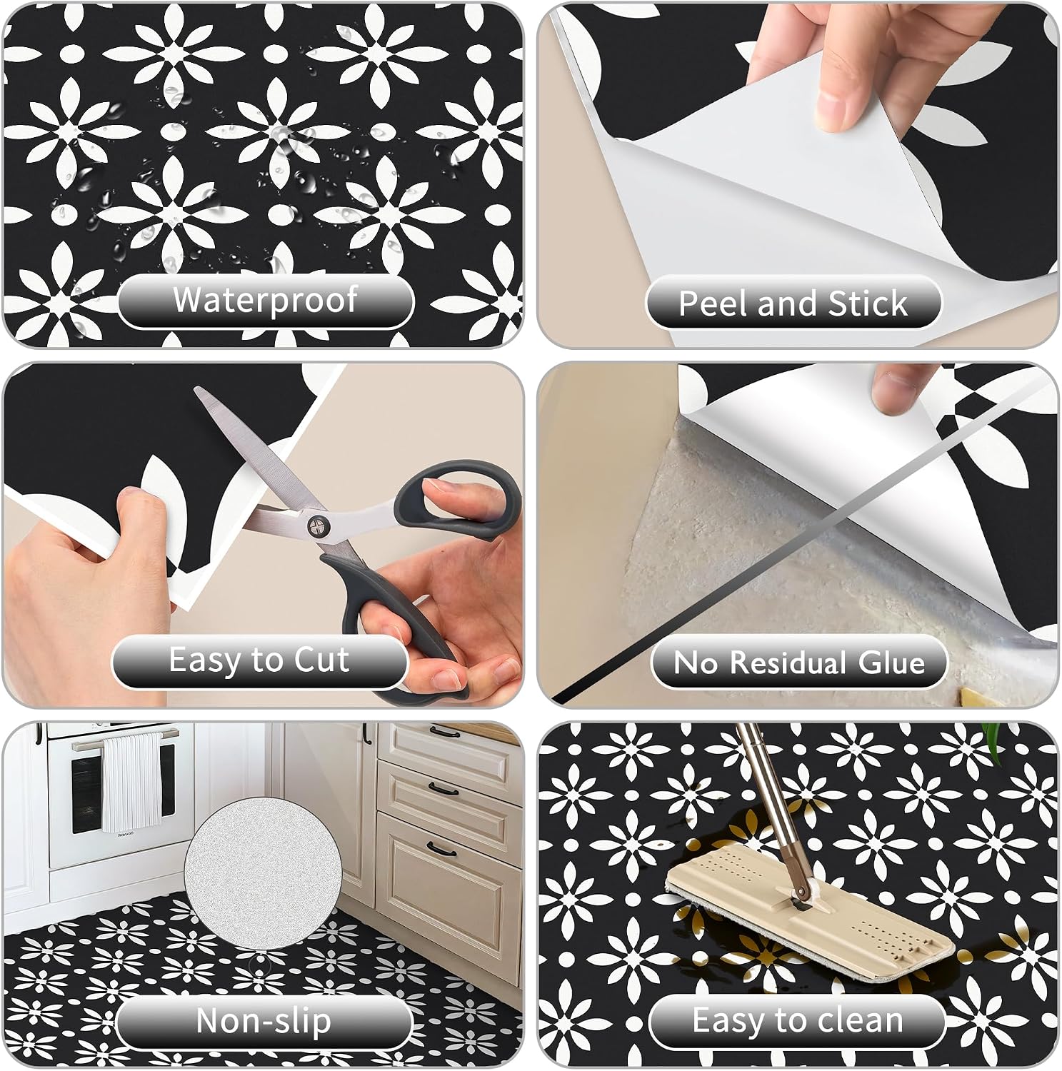 MORCART Peel and Stick Floor Tile / 7.87 x 7.87 / White Flowers+black Ft-1625 / Set of 20