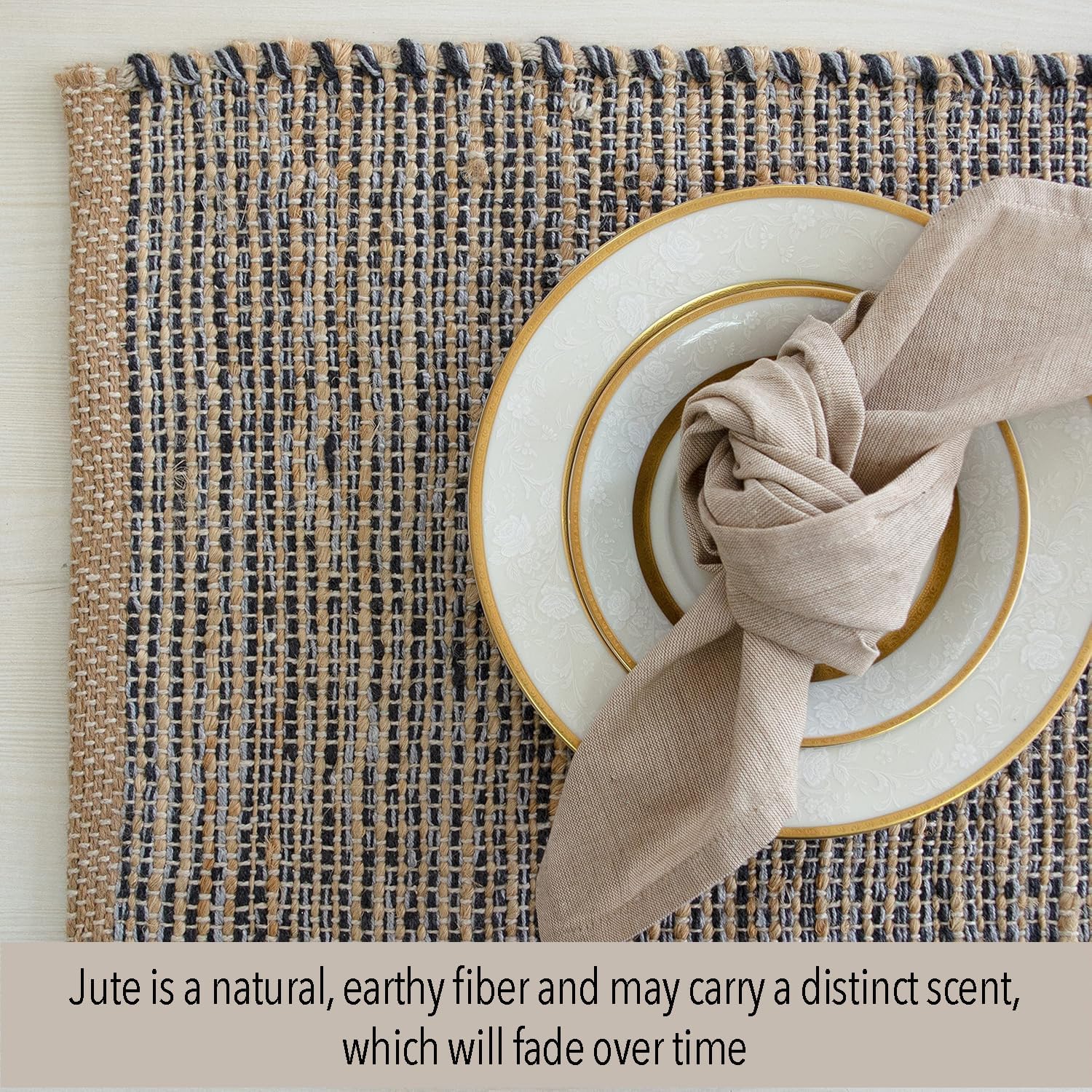 Natural Jute & Grey Placemats, Set of 4 – Rustic Handmade Boho Table Mats, 13x19 Inch Dining Table Placemats for