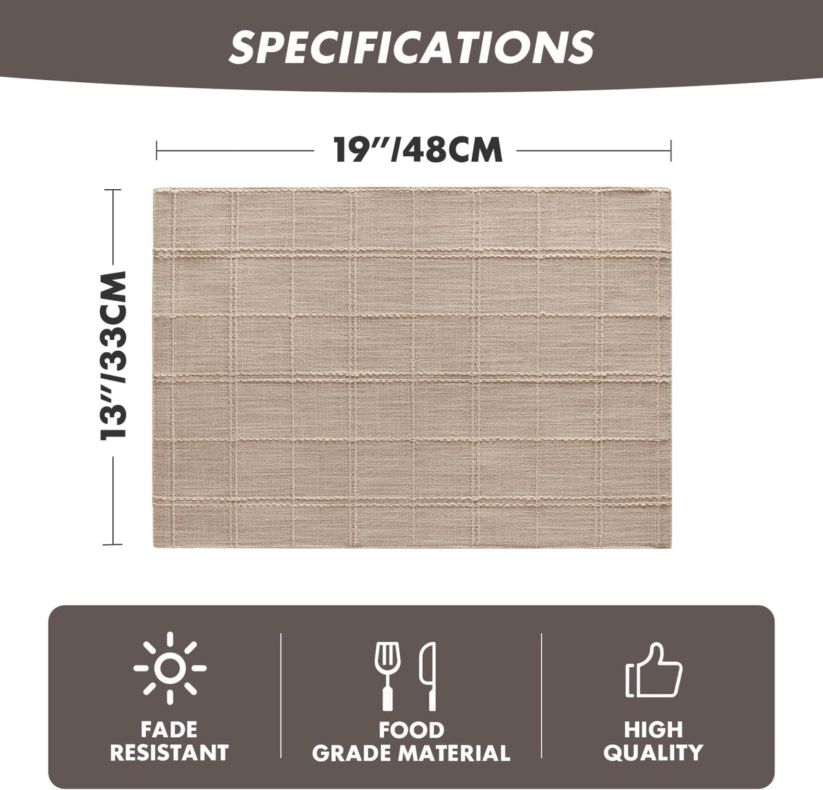 Linen Checked Farmhouse Placemats Set of 6, Taupe 13x19in | Double Layer, Reversible, Thick Textured Table Mats, Raised