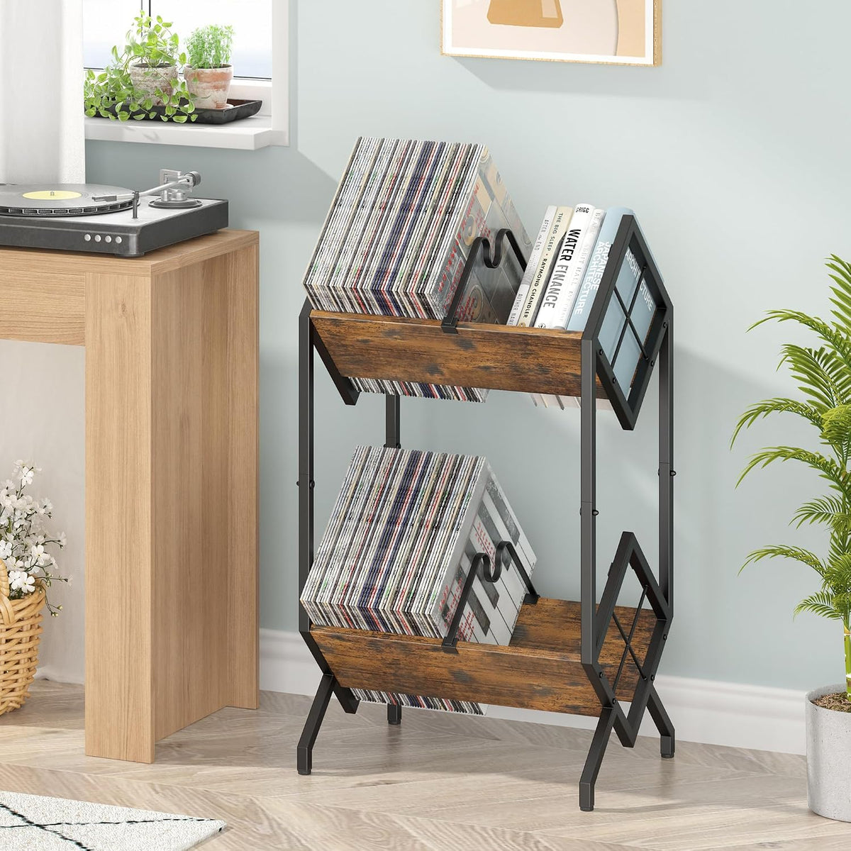 RUILALIFE 2-Tier-Vinyl-Record-Storage-Holder With Dividers, Metal Album storage for vinyl records display Shelf