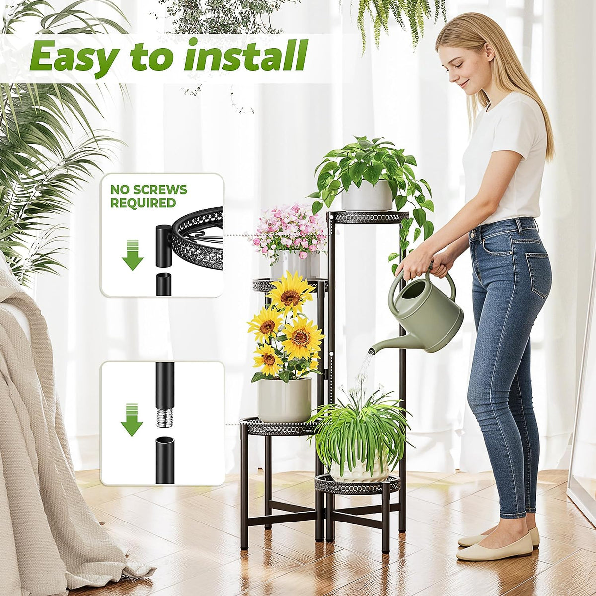 4 Tier Metal Plant Stand Indoor Outdoor, Corner Tall Plant Shelf for Multiple Plants, Foldable Plant Stand Heavy Duty