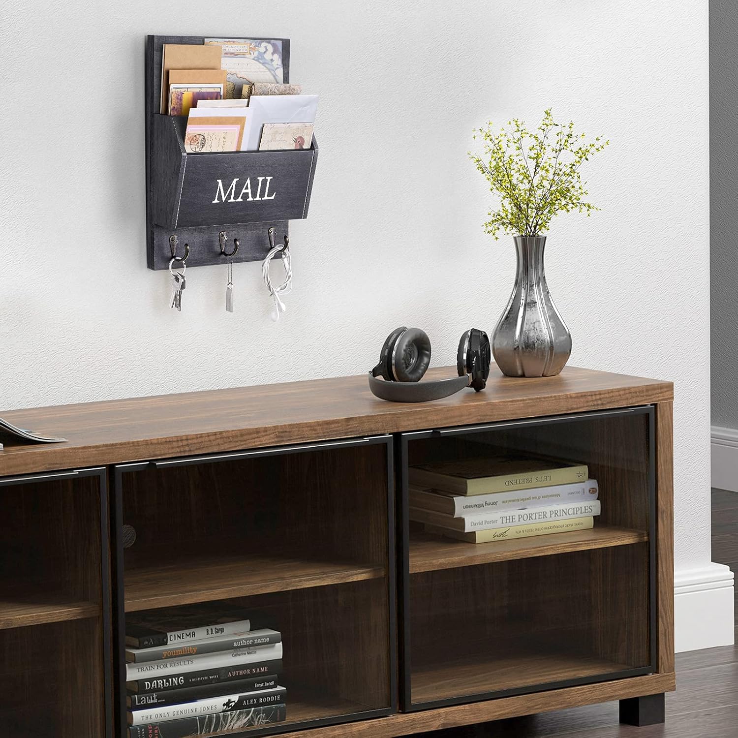 Decorative Wooden Key and Mail Holder / Black / Wall Mount