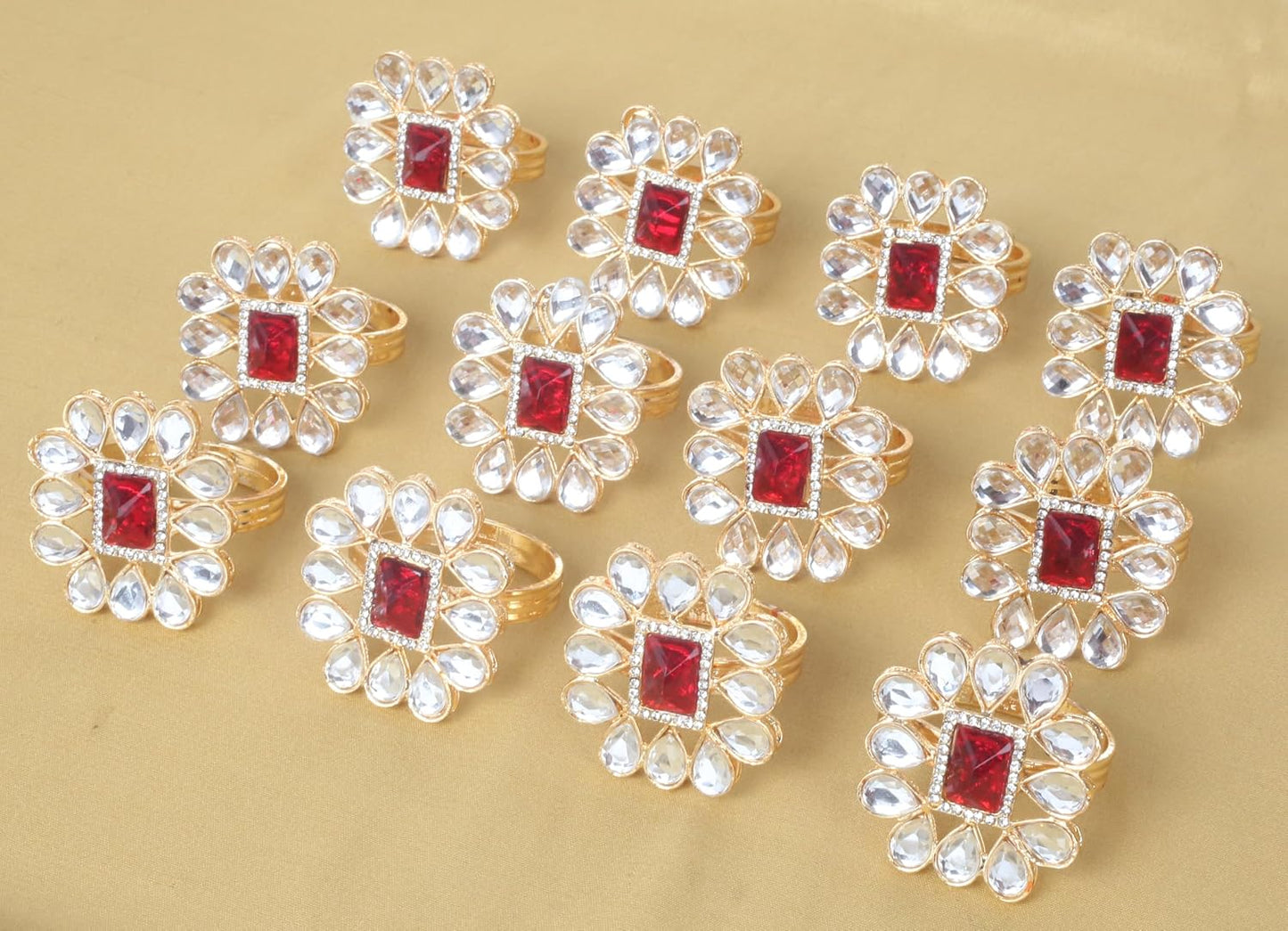 Floral Rhinestone Table Napkin Rings, Gold Tone, Set of 12 | Handmade large-size floral napkin holders with rhinestone