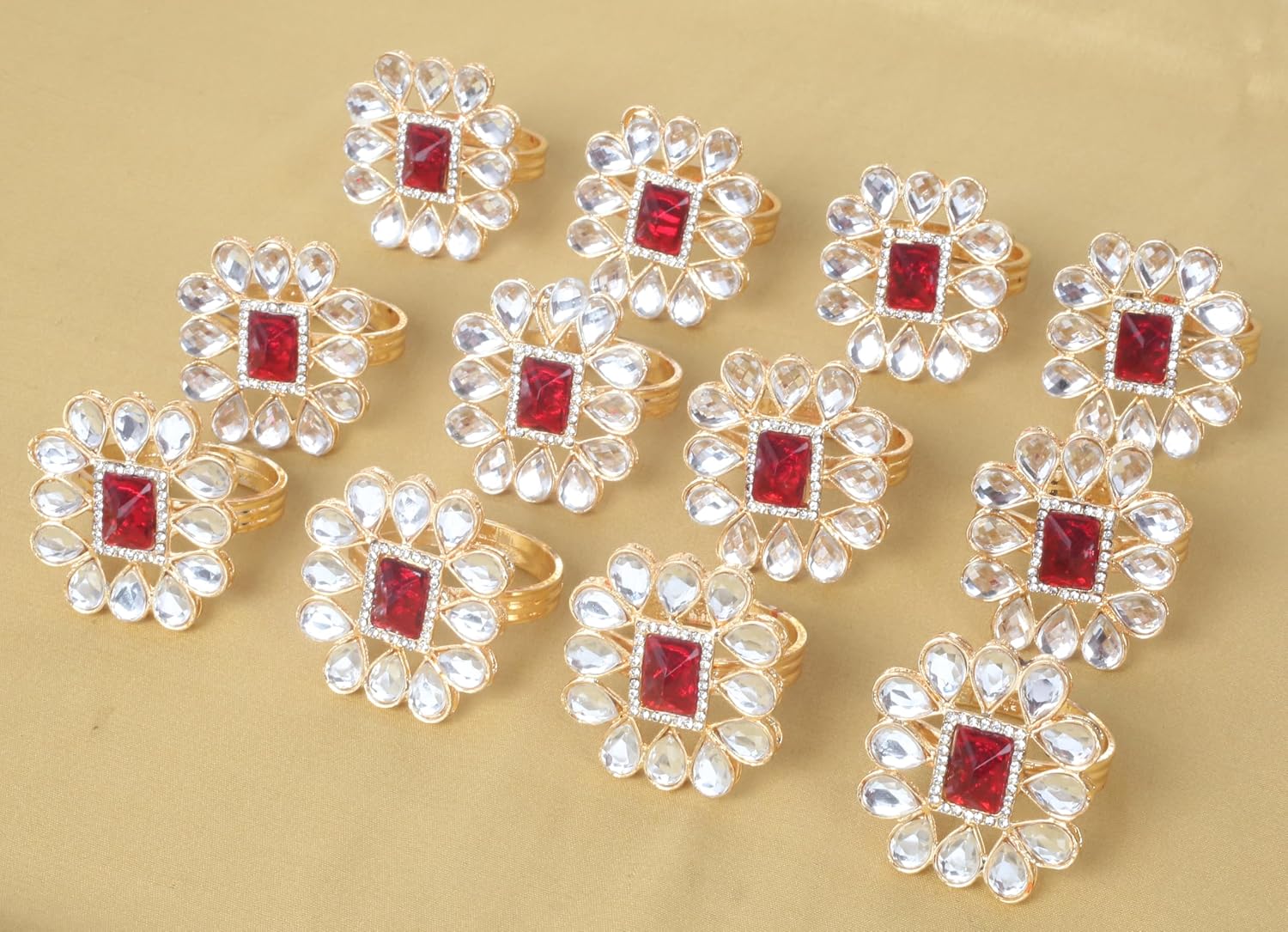 Floral Rhinestone Table Napkin Rings, Gold Tone, Set of 12 | Handmade large-size floral napkin holders with rhinestone