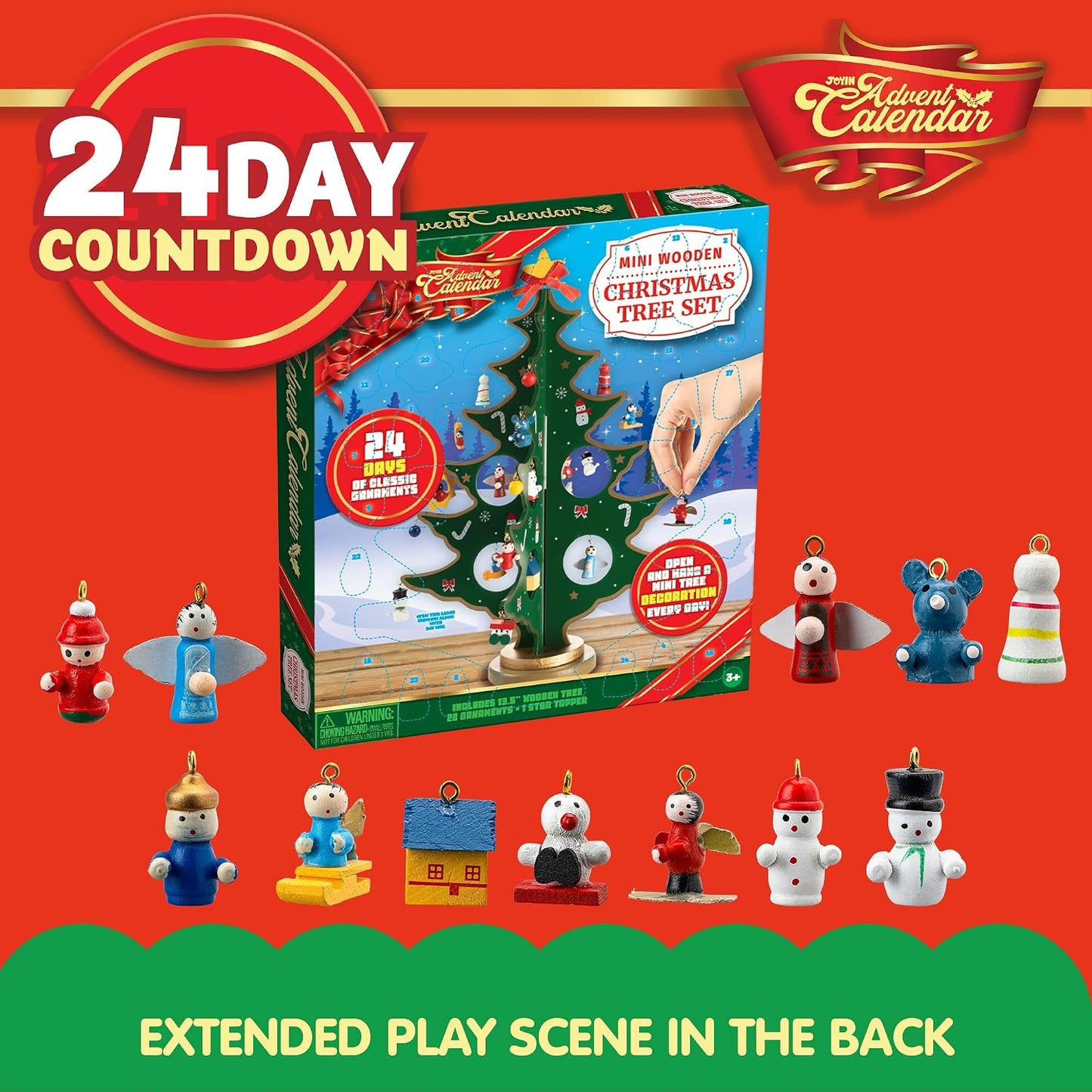 JOYIN Christmas 24 Days Countdown Advent Calendar with a Tabletop Wooden Christmas Tree and 28 Ornaments Snowman Santa