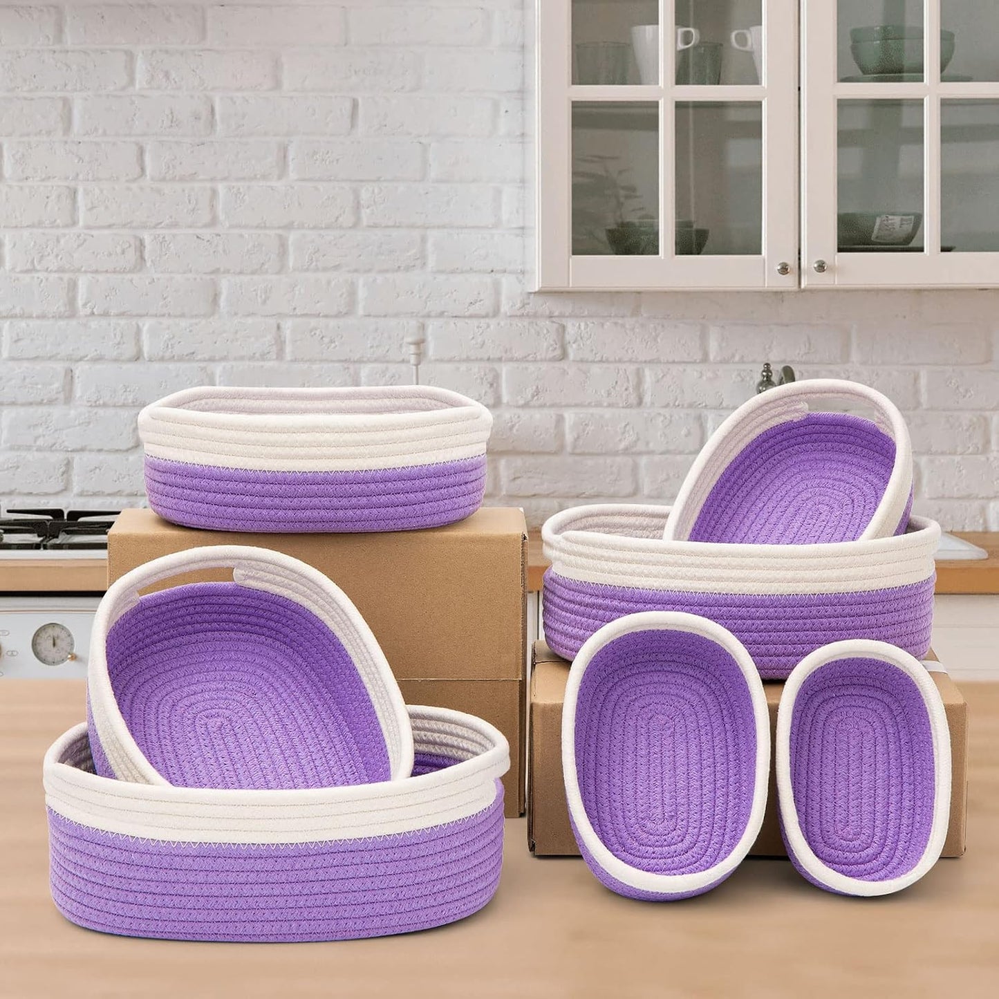 7 Piece Cotton Rope Woven Basket Set / OFF WHITE & PURPLE