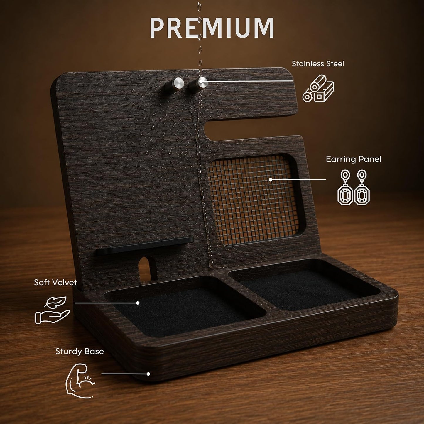 Namore Nightstand Organizer for Women – Wood Phone Docking Station & Jewelry Valet Tray for Phone, Earrings, Wallet &