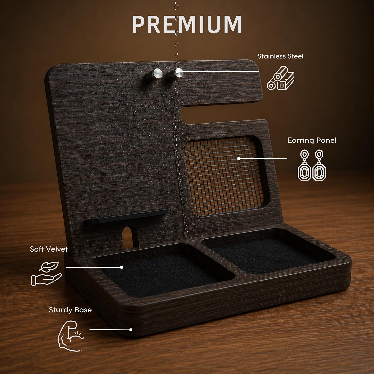 Namore Nightstand Organizer for Women – Wood Phone Docking Station & Jewelry Valet Tray for Phone, Earrings, Wallet &