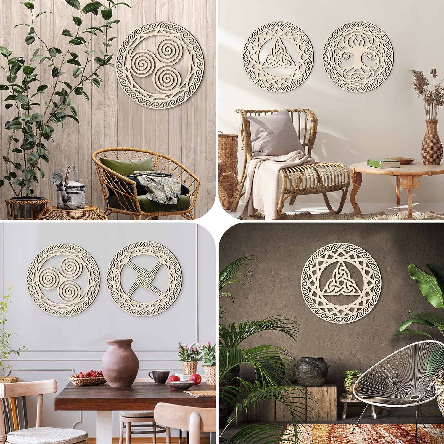 Celtic Symbol Wall Decor Celtic Cross Knot Triple Spiral Symbol Wood Sign / Wood Color / Set of 4