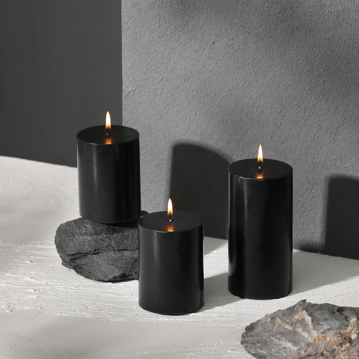 3x4 Inch Black Pillar Candles Set of 3 - Decorative Unscented Pillar Candles, Long Burning Dripless Candle for Home