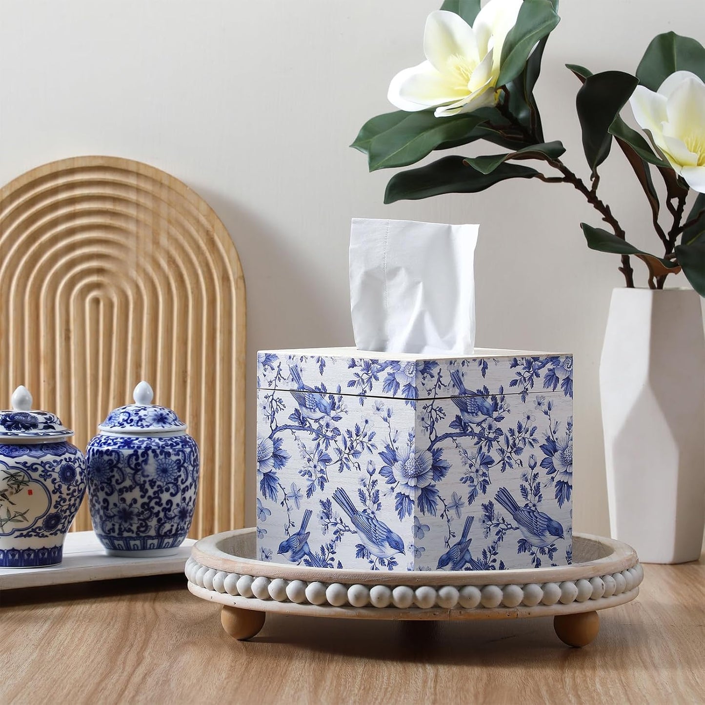 Tissue Box Cover Wooden Floral Bird Vintage Square / Blue and White / Traditional Design / 6 x 6 x 6