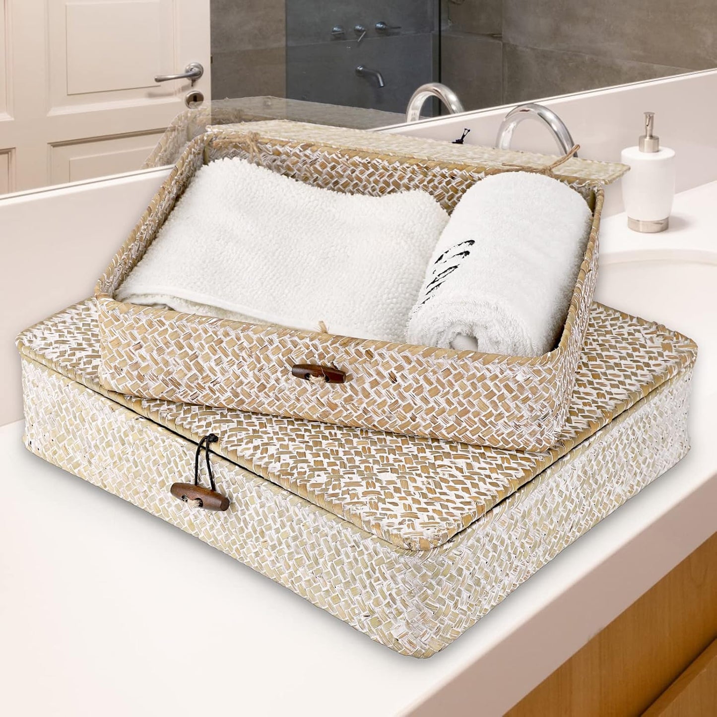 Flat Woven Wicker Storage Bins / Small+large / Whitewash / Natural / Set of 2