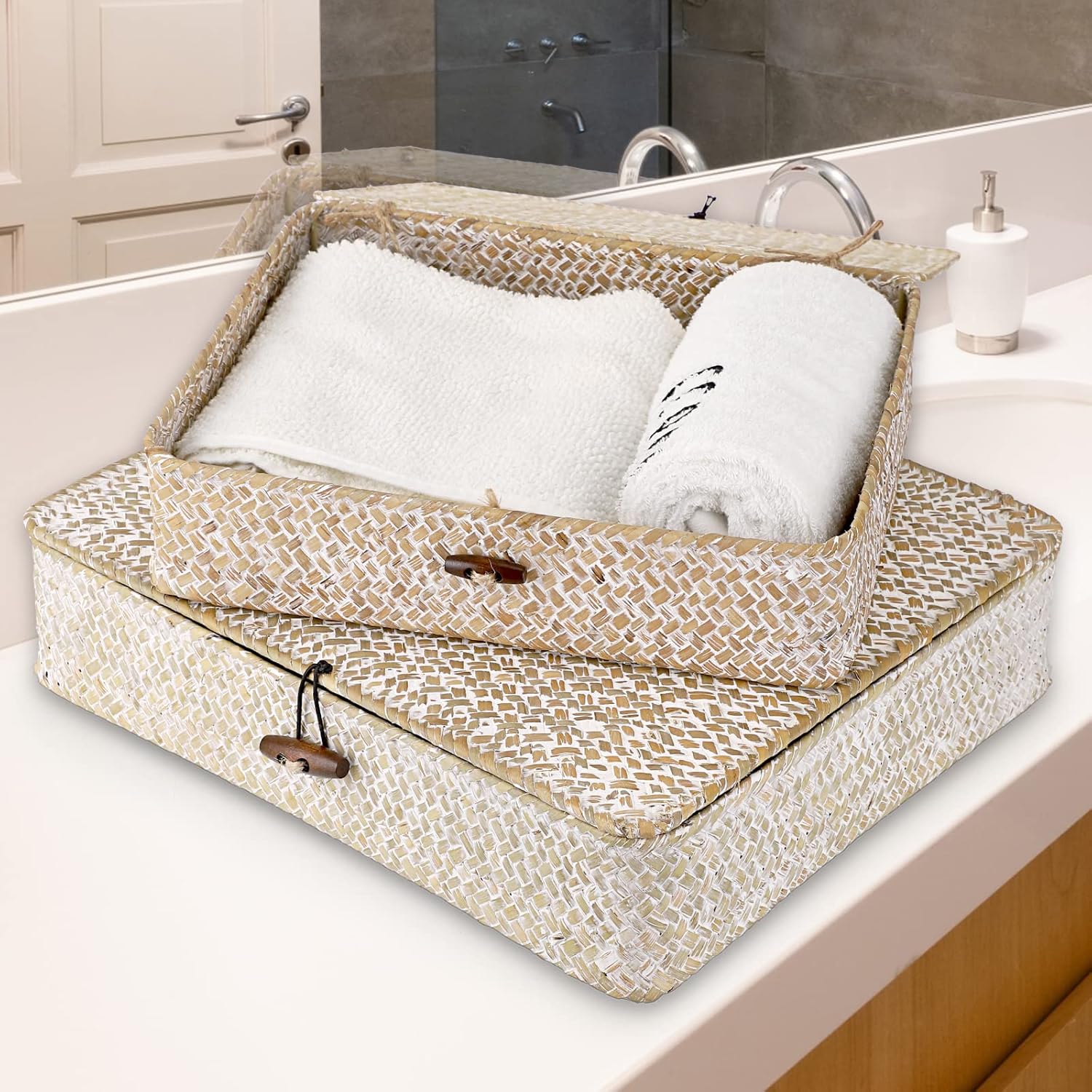 Flat Woven Wicker Storage Bins / Small+large / Whitewash / Natural / Set of 2