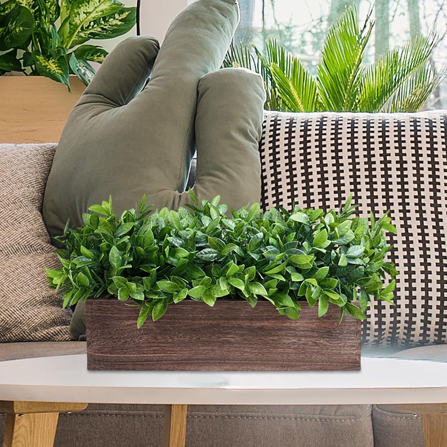 14" Artificial Boxwood Plants in Rectangular Wood Planter Farmhouse Greenery / Boxwood In Natural