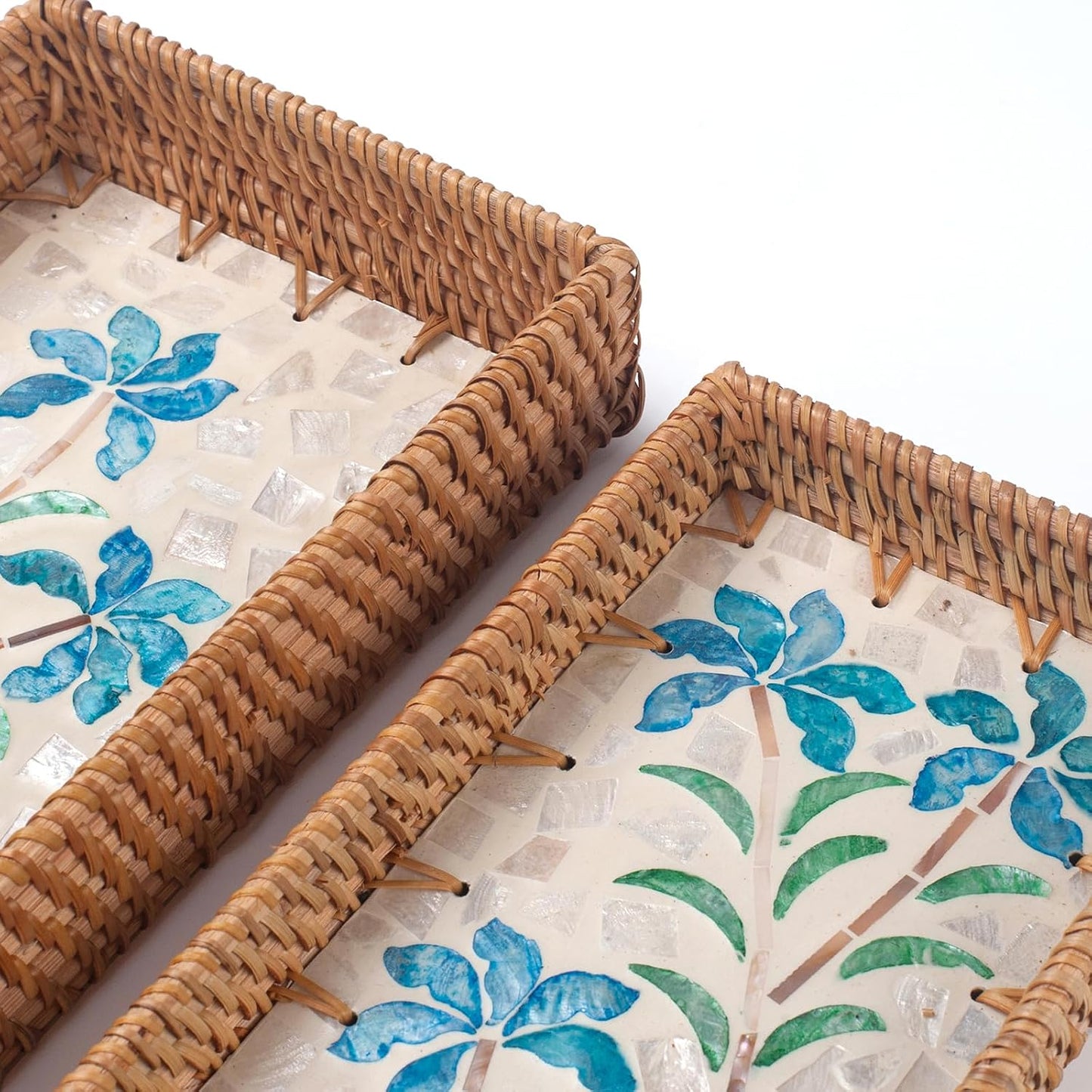 Rattan Bathroom Vanity Tray / Blue Narcissus / Set of 2