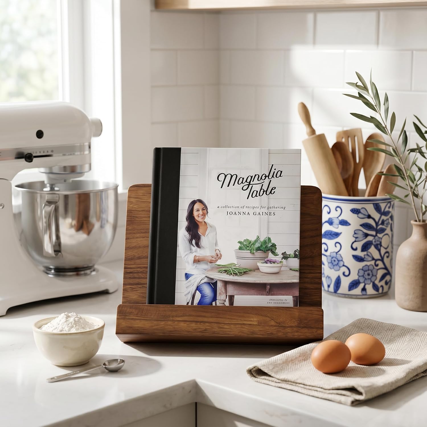 Beautiful Cookbook Stand for Your Kitchen Counter - Solid Wood, Fits iPad | Easily Keeps Cook or Recipe Books Open for