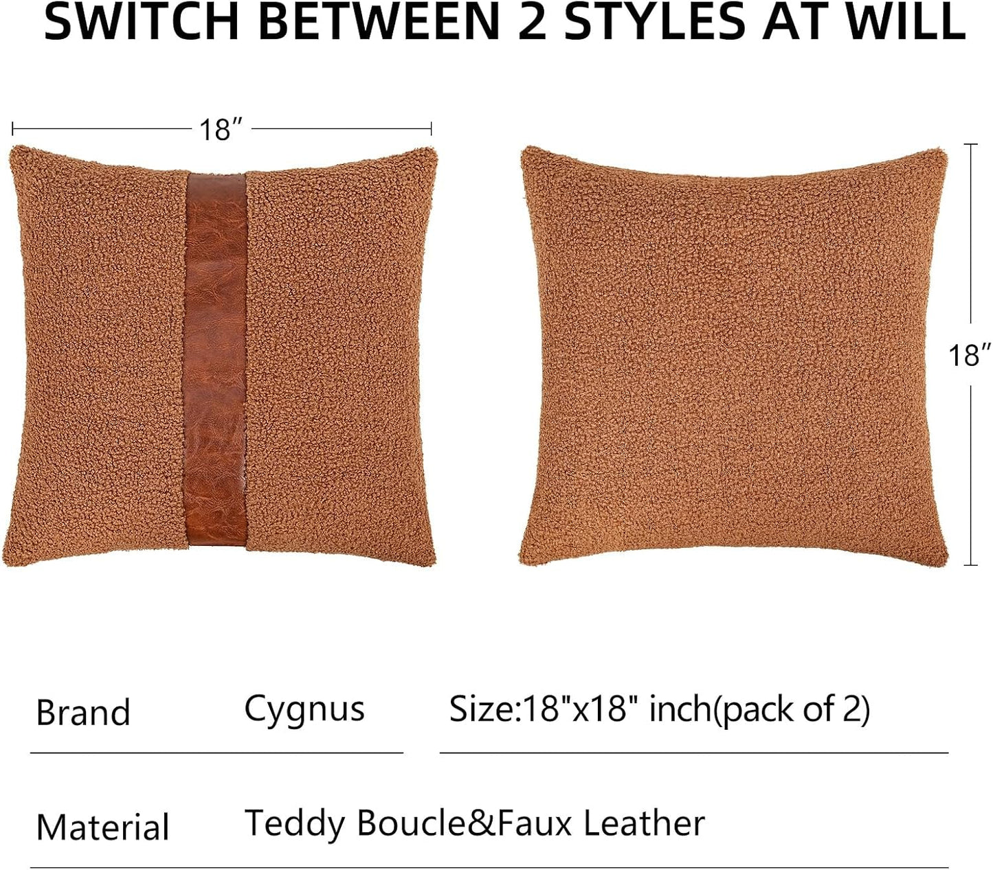 Teddy Boucle Decorative Throw Pillow Covers Faux Leather Contrast / Brown / 18 x 18 / Set of 2