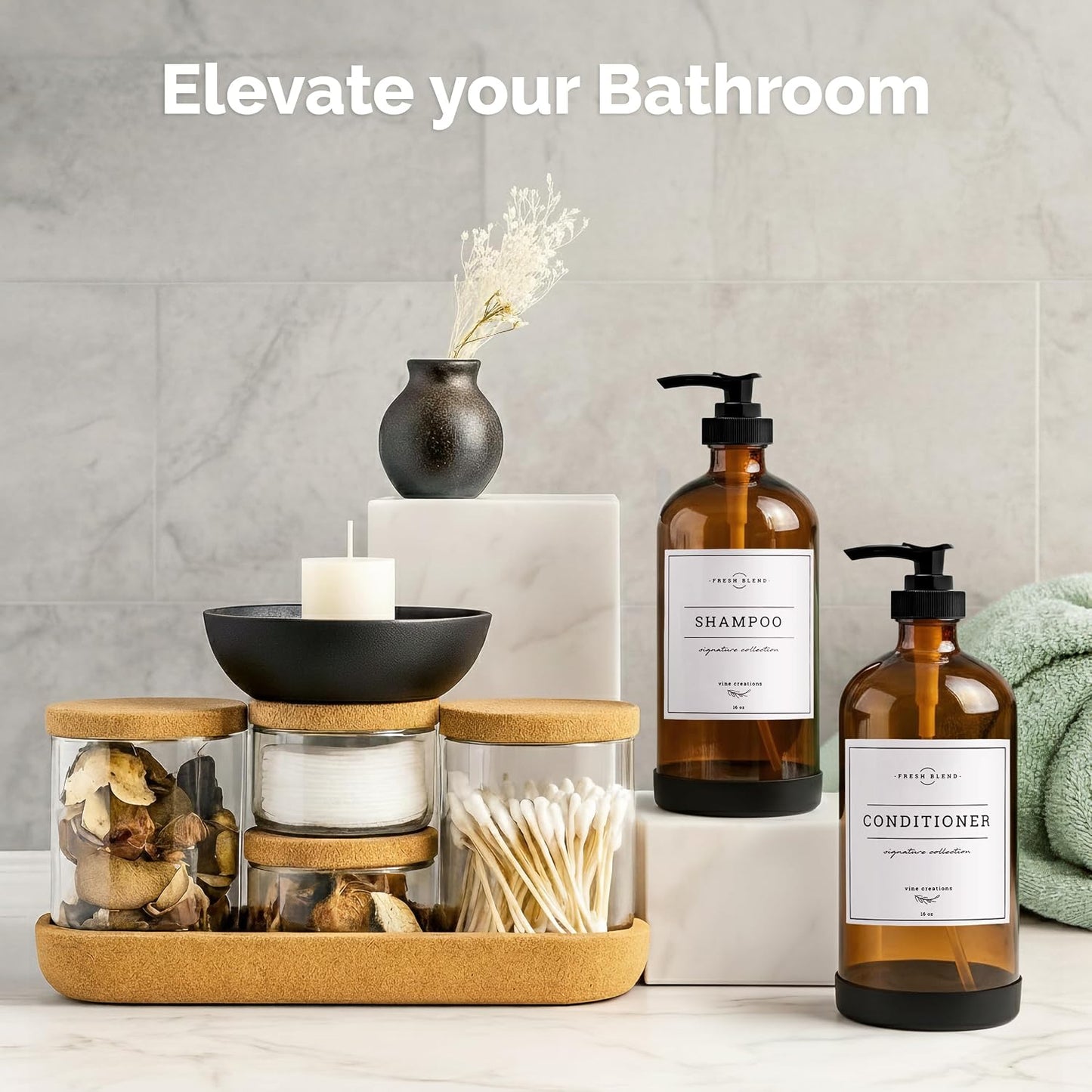 Vine Creations Amber Glass Soap Dispenser, 2 Pack Kitchen Soap Dispenser Set with Rustproof Pump, 16 oz Dish Soap and