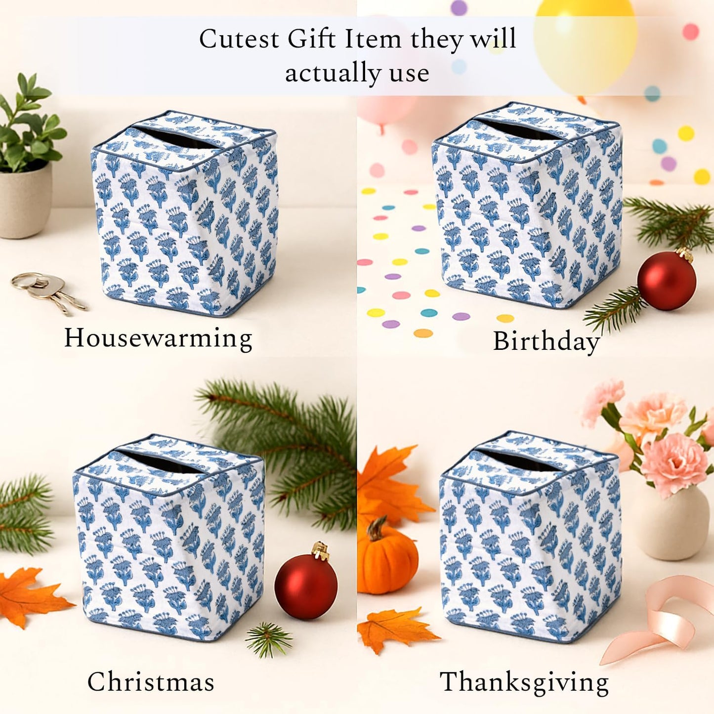 CPC Hand Block Printed Cotton Tissue Box Cover " Square Soft Reusable / Apatite Blue / 5 x 5 x 5.5