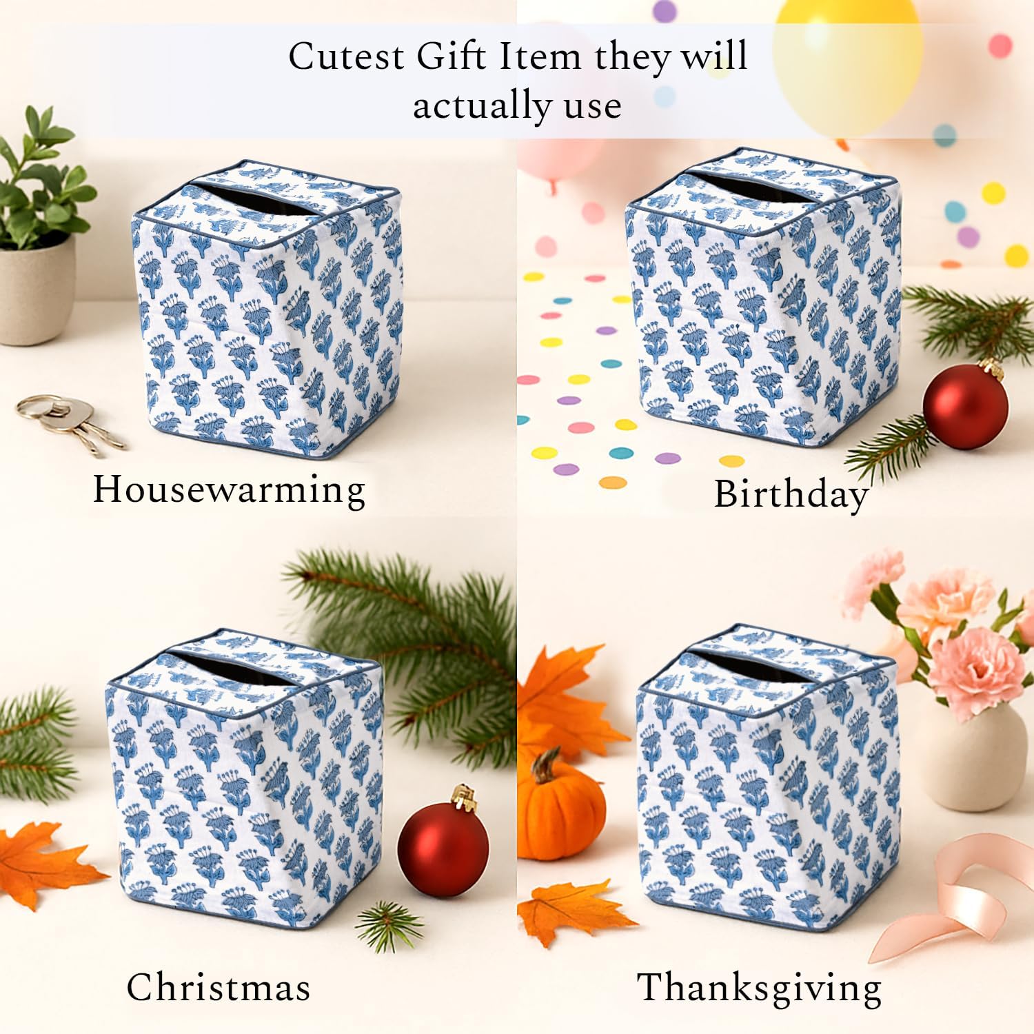 CPC Hand Block Printed Cotton Tissue Box Cover " Square Soft Reusable / Apatite Blue / 5 x 5 x 5.5