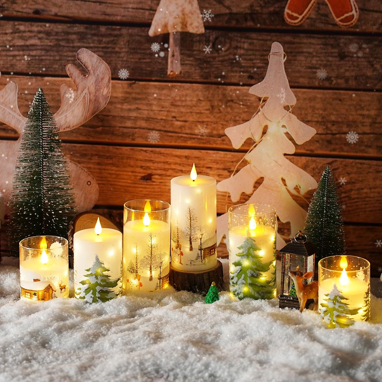 Christmas Flameless Candles with Remote - White LED Candles & String Lights, with Glass casing Battery Operated Set of