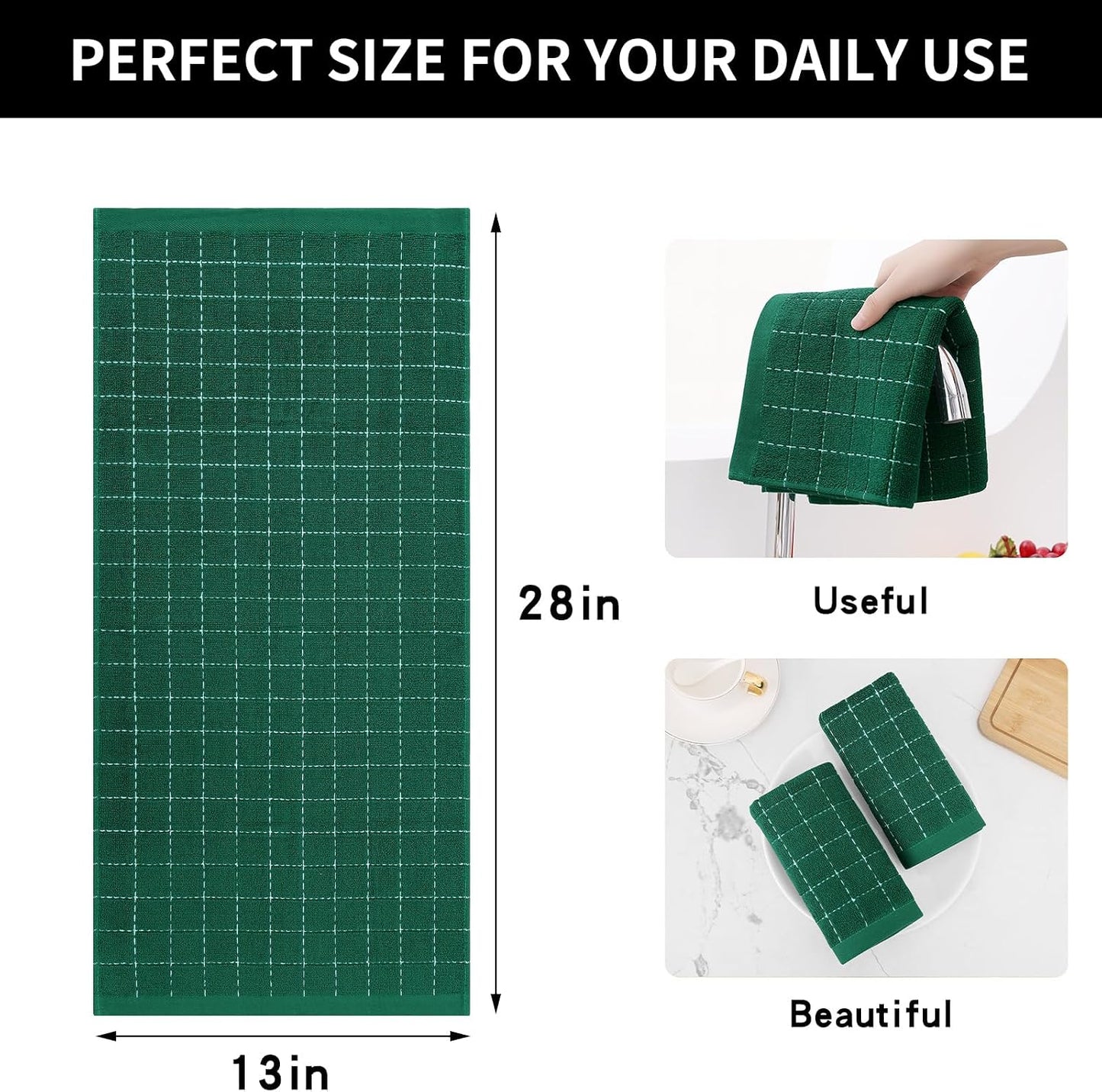 Homaxy 100% Cotton Terry Kitchen Towels, 8 Pack, Dark Green | Ultra Soft and Absorbent Dish Towels for Kitchen