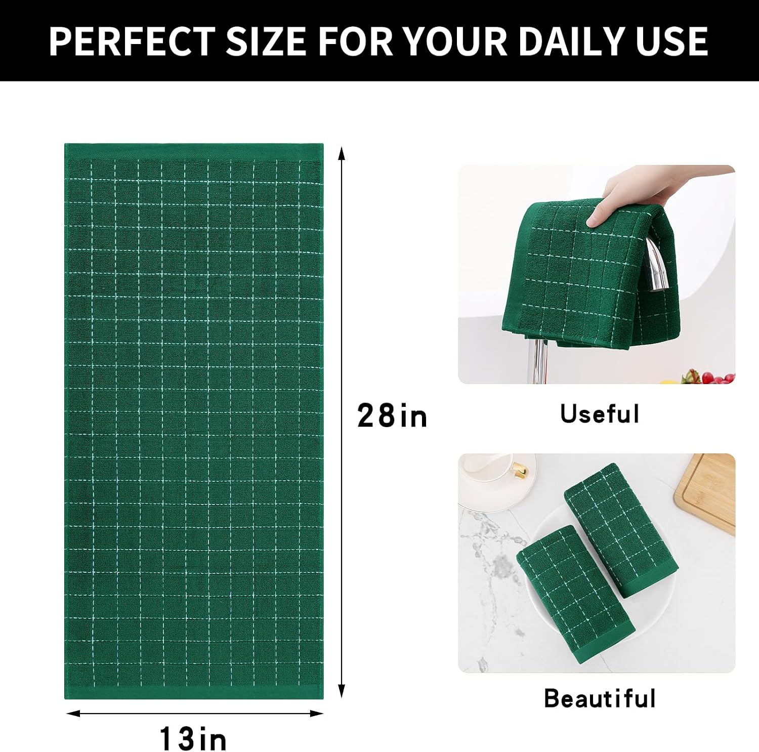 Homaxy 100% Cotton Terry Kitchen Towels, 8 Pack, Dark Green | Ultra Soft and Absorbent Dish Towels for Kitchen