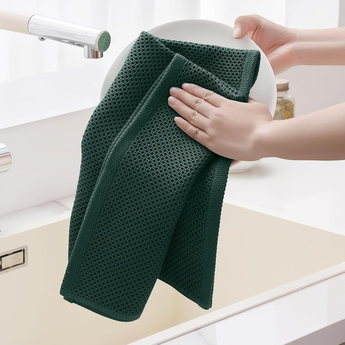 Homaxy 100% Cotton Oversized Waffle Weave Kitchen Towels 8-Pack | Blackish Green, 20 x 28 Inches, Ultra Soft Absorbent