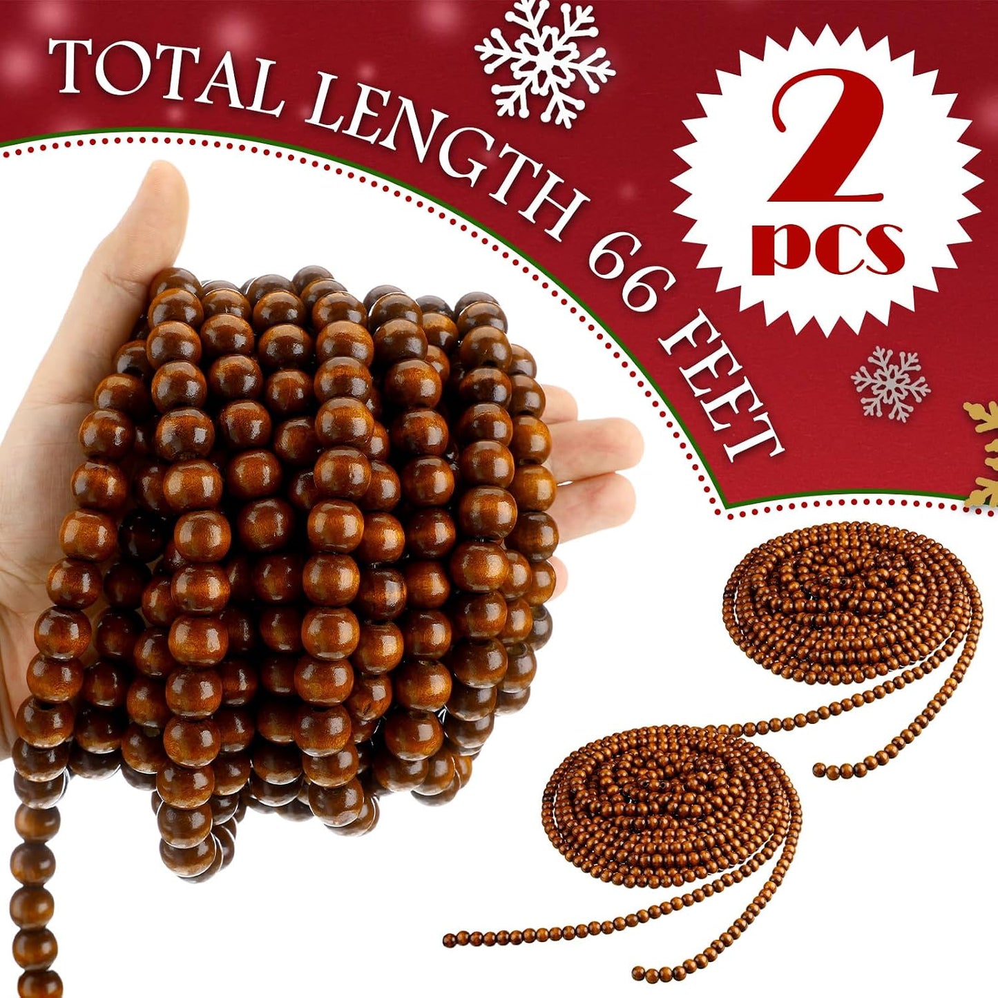 Giegxin 2 Pcs Wood Brown Christmas Bead Garland 66 Feet in Total Farmhouse | Rustic Wooden Beaded Garland for Tree Tier