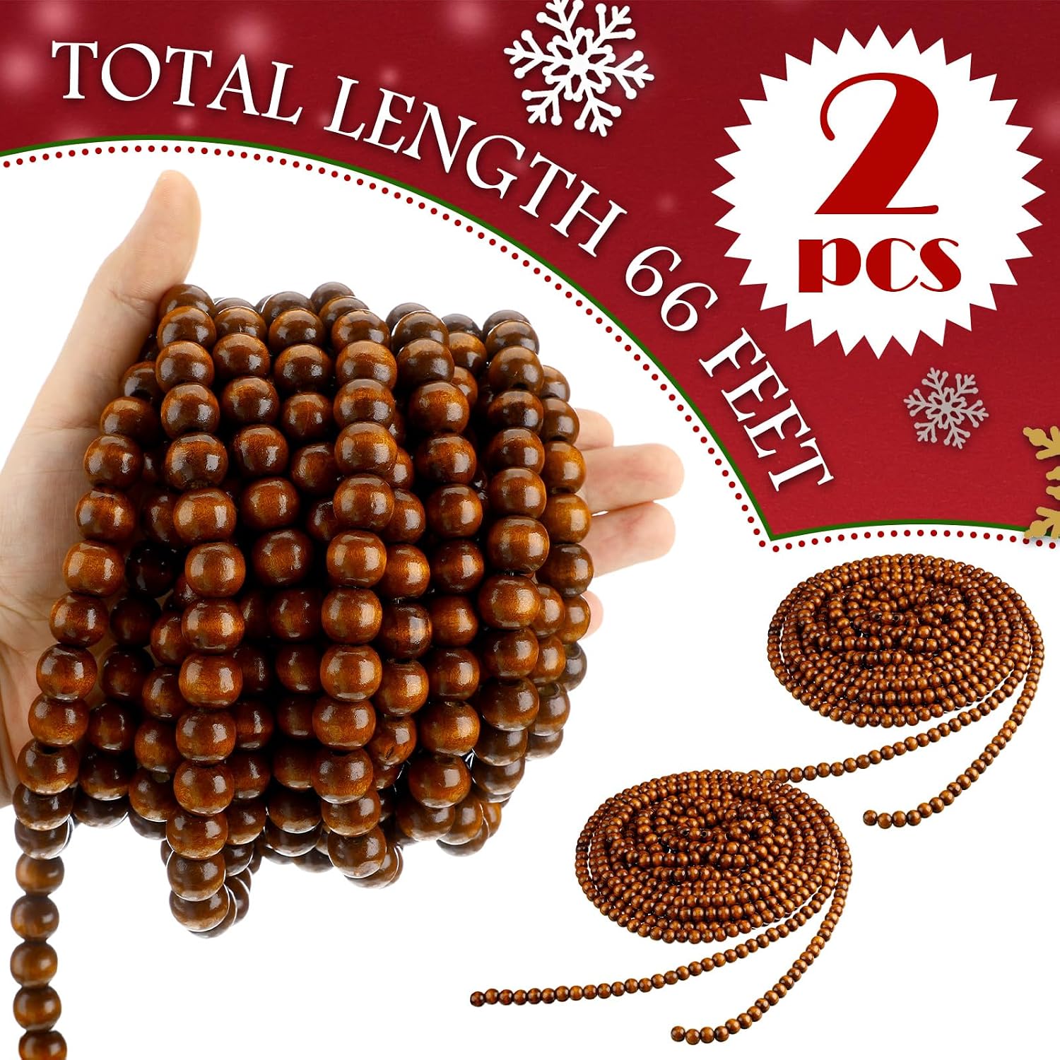 Giegxin 2 Pcs Wood Brown Christmas Bead Garland 66 Feet in Total Farmhouse | Rustic Wooden Beaded Garland for Tree Tier