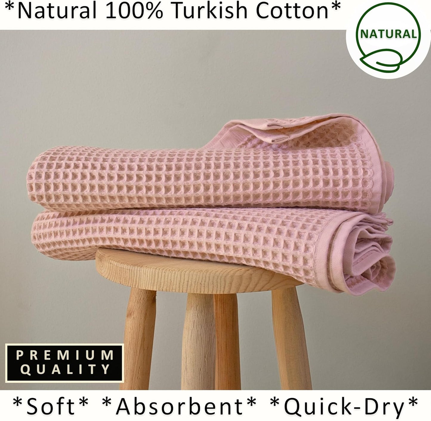 PÜSKÜL Natural 100% Turkish Cotton Waffle Bath Towels Set of 2, Extra-Large | Pink Powder, Oversize 32x63" Bath sheet