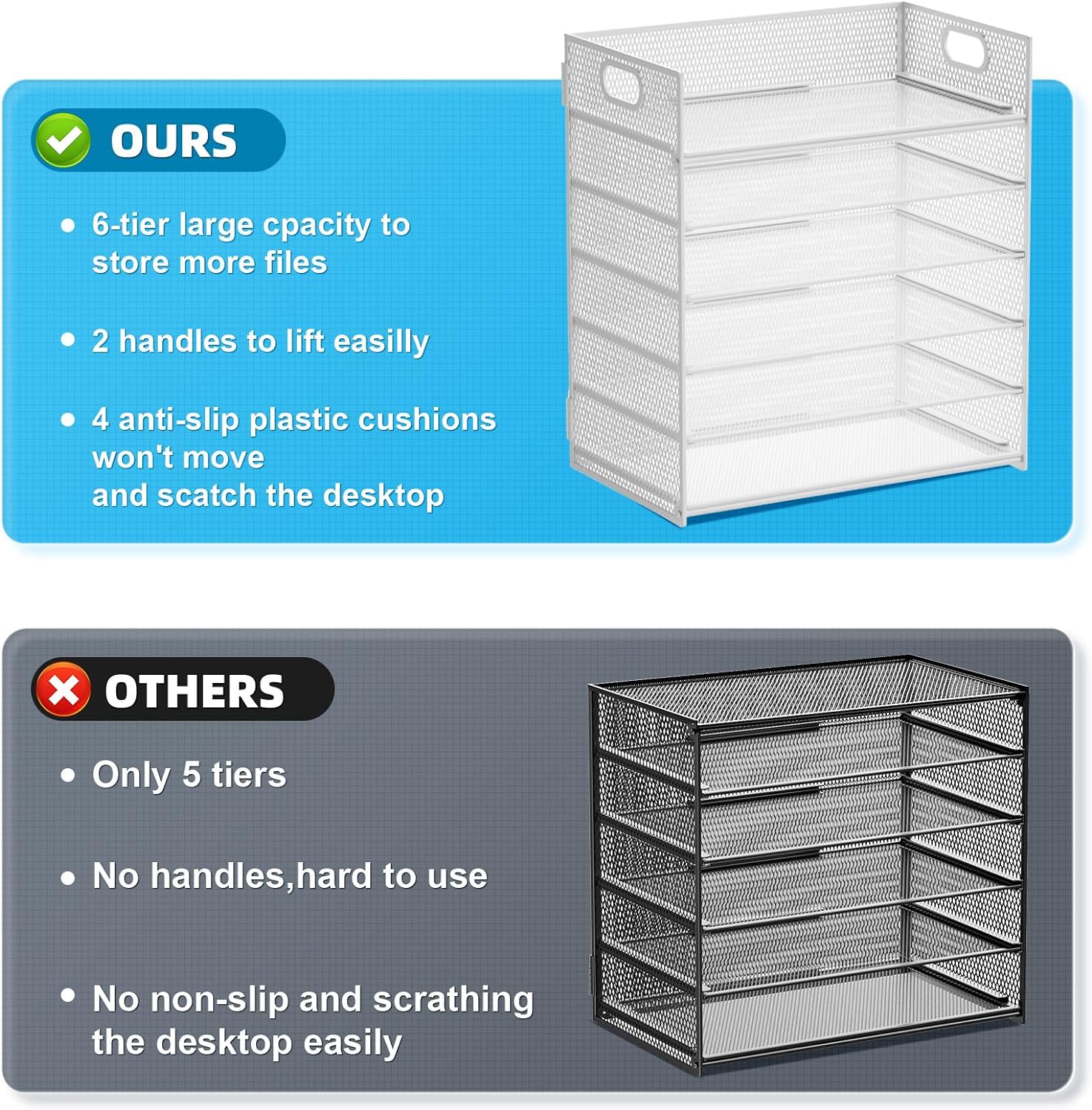 Marbrasse 6 Tier Paper Organizer Letter Tray - Mesh Desk File Organizer with Handle, Paper Sorter for Letter/A4 Office