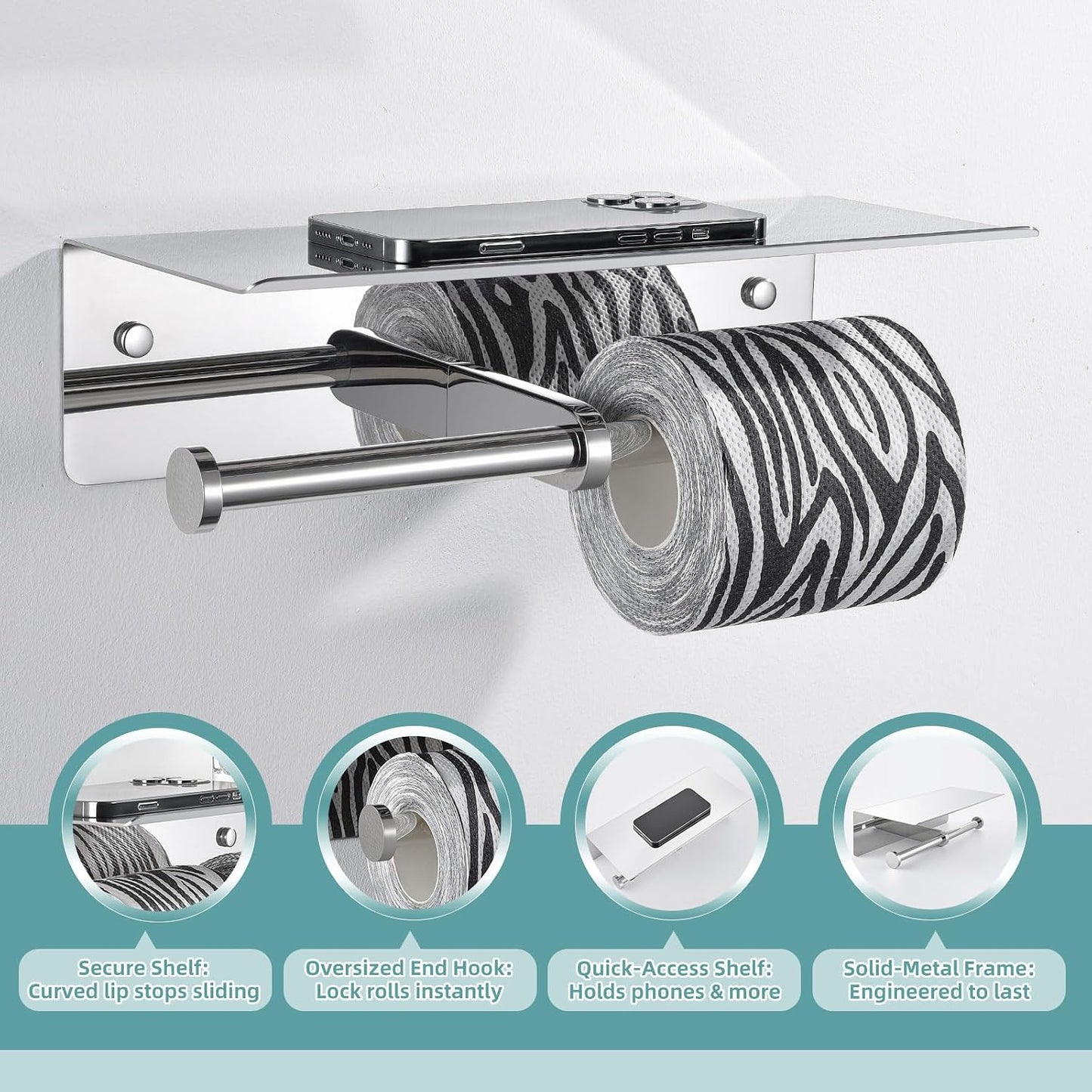APLusee Polished Chrome Double Toilet Paper Holder with Shelf, Wall Mounted | 304 Stainless Steel, Rustproof for