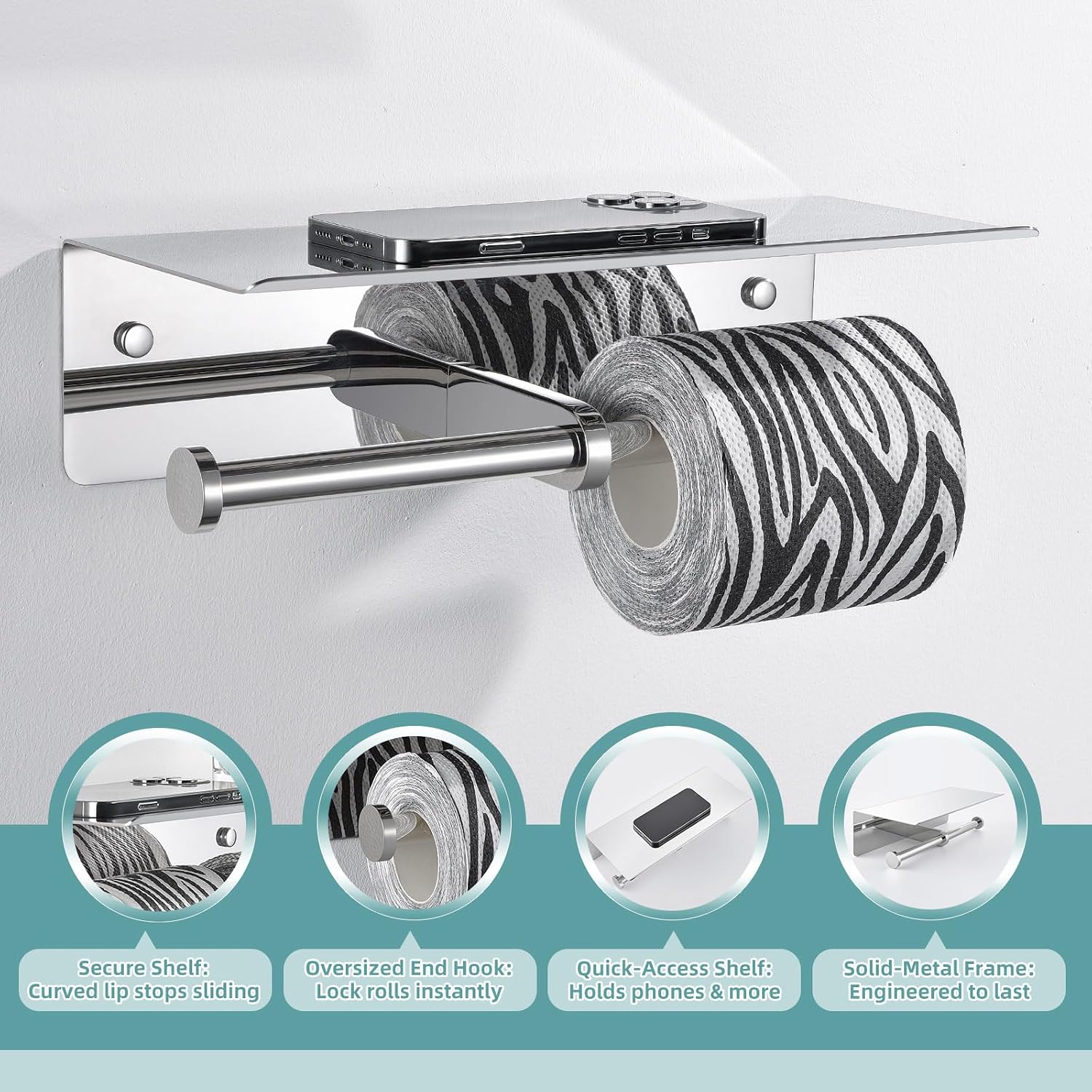 APLusee Polished Chrome Double Toilet Paper Holder with Shelf, Wall Mounted | 304 Stainless Steel, Rustproof for