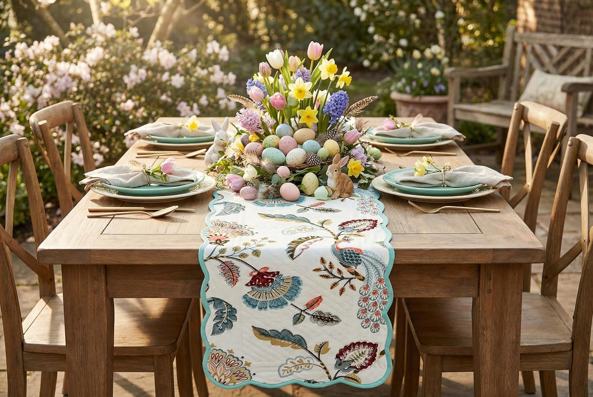 Aqua Feather- Bloom Collection Luxury Handcrafted Runner (Reversible) Cotton Quilted Fabric Machine Washable – Elegant