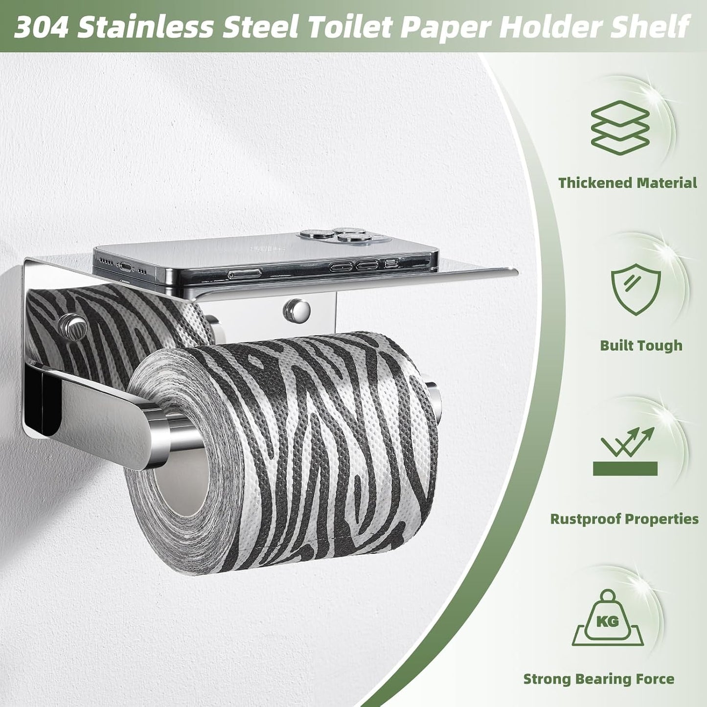 APLusee Polished Chrome Toilet Paper Holder with Phone Shelf, Wall Mounted | Sturdy 304 Stainless Steel, Fits Bathroom